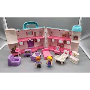 Blue Box Dollhouse with Handle Furniture Doll Set Boy Girl Bed Lamp Vintage